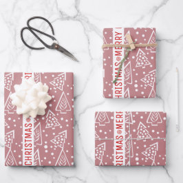 Dusty Rose und weiß Frohe Weihnachtsbäume Urlaub Geschenkpapier Set