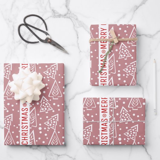 Dusty Rose und weiß Frohe Weihnachtsbäume Urlaub Geschenkpapier Set (Vorderseite)
