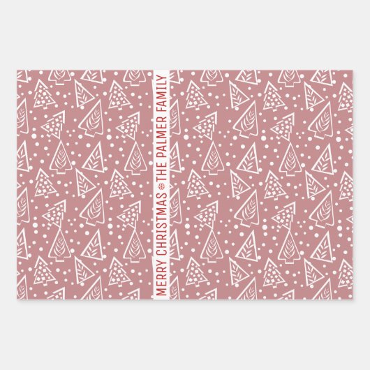 Dusty Rose und weiße Weihnachtsbäume Roter Name Geschenkpapier Set (Vorderseite 2)