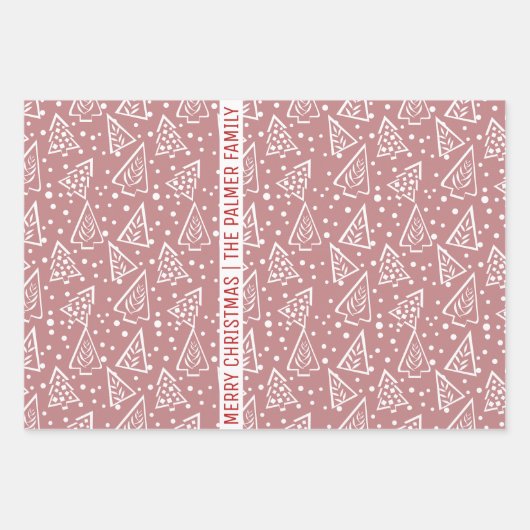 Dusty Rose und weiße Weihnachtsbäume und Name Geschenkpapier Set (Vorderseite)