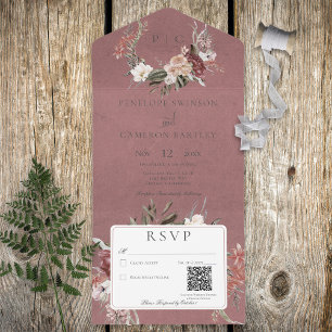 Dusty Rose Vintager Blumenstrauß QR Code All In One Einladung