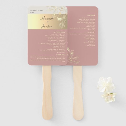 Dusty Rose Wedding Program Hand Fan Fächer (Vorne und Hinten)