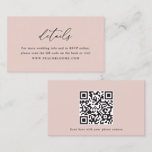 Dusty Rose Wedding Website QR Code Details Karte (Vorne/Hinten)