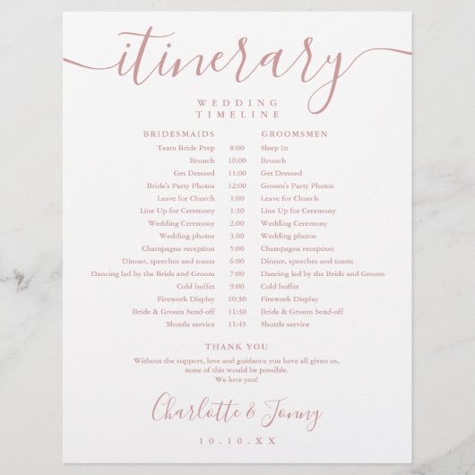 Dusty Rose Wedding Zeitplan Reisezeitplan (Vorderseite)