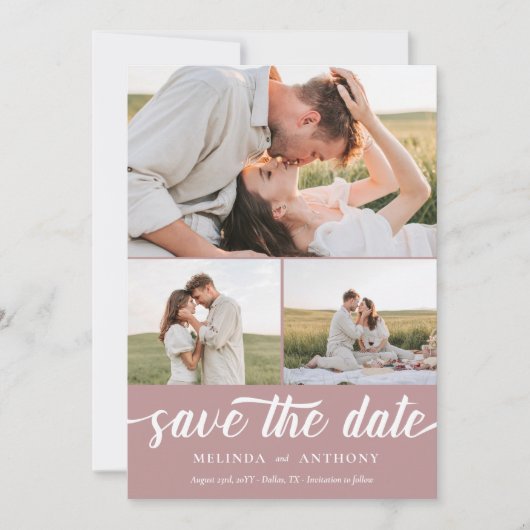 Dusty Rose Weiß Elegant Bold Script Collage Save The Date (Vorderseite)