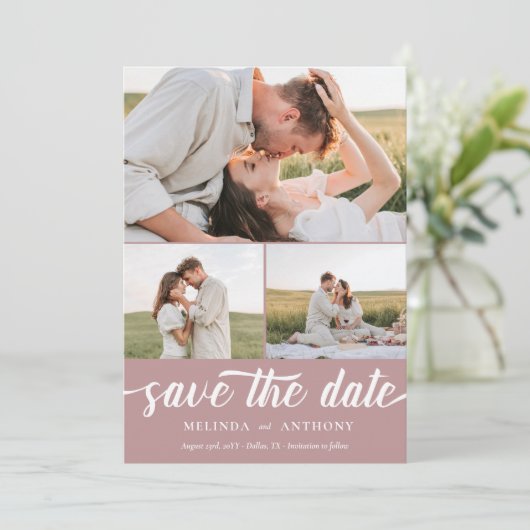Dusty Rose Weiß Elegant Bold Script Collage Save The Date (Stehend Vorderseite)