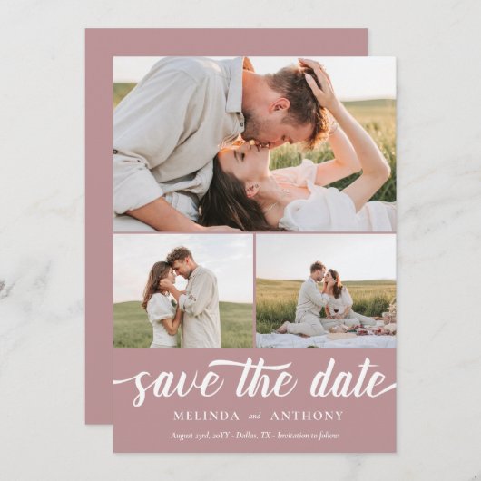 Dusty Rose Weiß Elegant Bold Script Collage Save The Date (Vorne/Hinten)