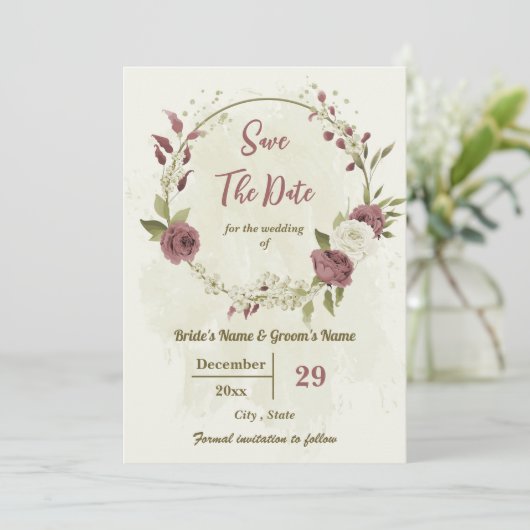 Dusty Rose & weiße Blume botanische Hochzeit Save The Date (Stehend Vorderseite)
