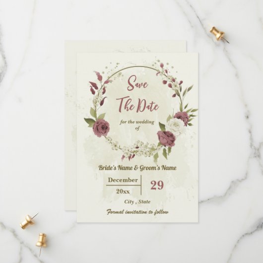 Dusty Rose & weiße Blume botanische Hochzeit Save The Date (Vorderseite/Rückseite Beispiel)