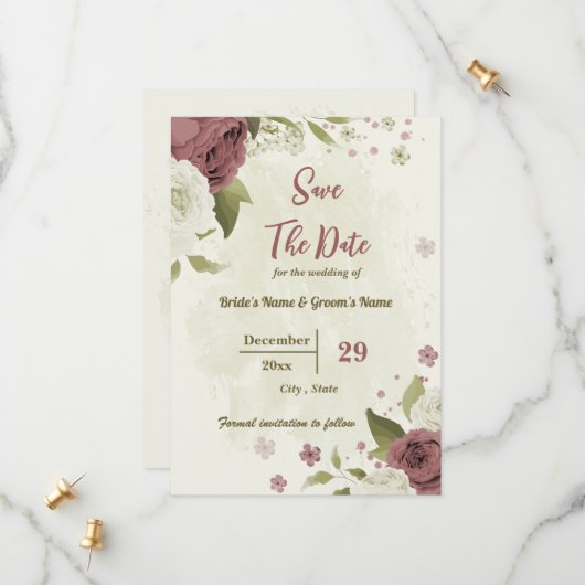Dusty Rose & weiße Blume botanische Hochzeit Save The Date (Vorderseite/Rückseite Beispiel)