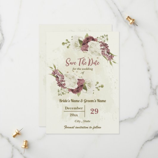 Dusty Rose & weiße Blume botanische Hochzeit Save The Date (Vorderseite/Rückseite Beispiel)
