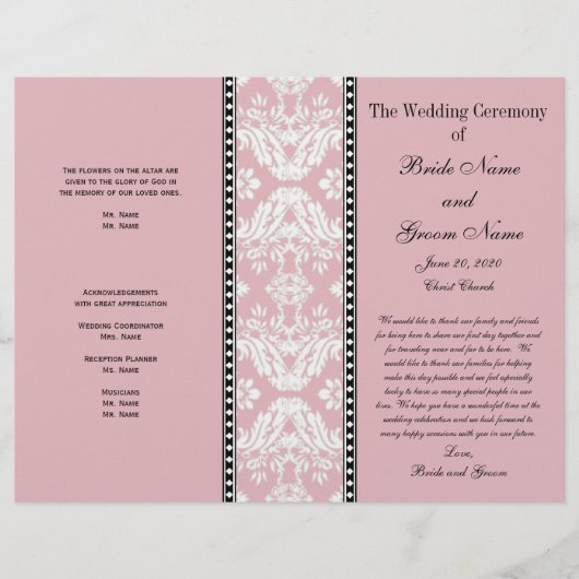 Dusty Rose White Damask Hochzeitsprogramm (Vorderseite)