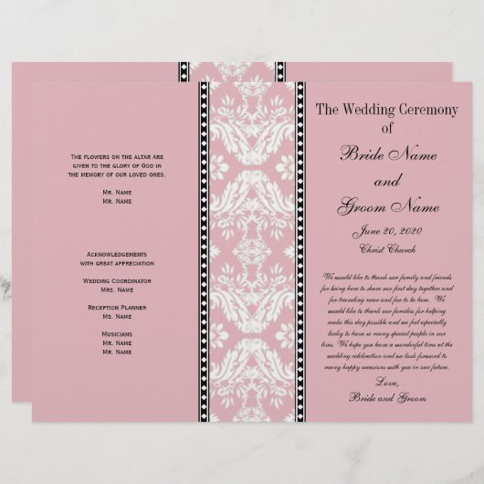 Dusty Rose White Damask Hochzeitsprogramm (Vorne/Hinten)