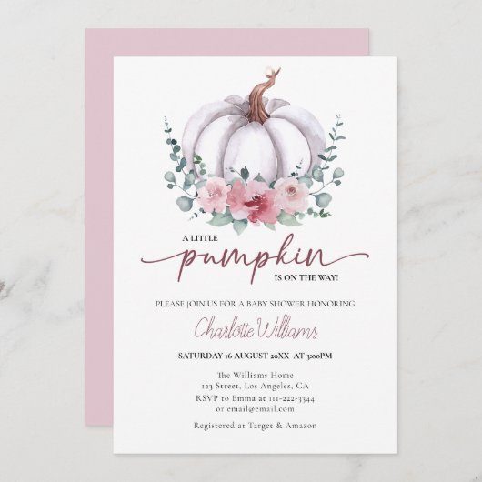 Dusty Rose & White ein wenig Pumpkin Baby Dusche Einladung (Vorne/Hinten)