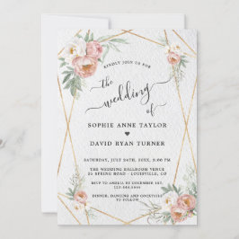 Dusty Rose White Floral Gold Calligrafy Wedding Einladung
