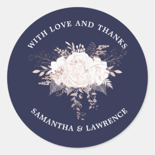 Dusty Rose White Floral Navy Blue Wedding Runder Aufkleber