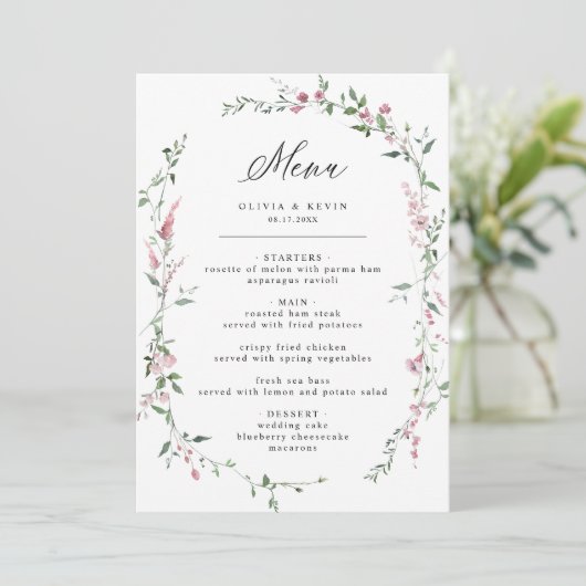 Dusty Rose Wild Blume Blush Wreath Wedding Menu Menükarte (Stehend Vorderseite)
