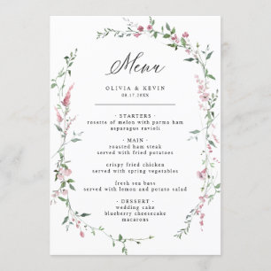 Dusty Rose Wild Blume Blush Wreath Wedding Menu Menükarte