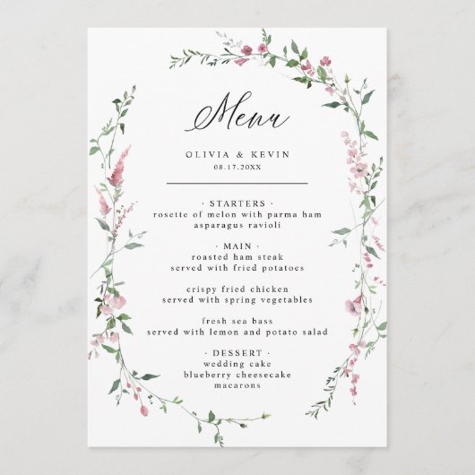 Dusty Rose Wild Blume Blush Wreath Wedding Menu Menükarte (Vorderseite)