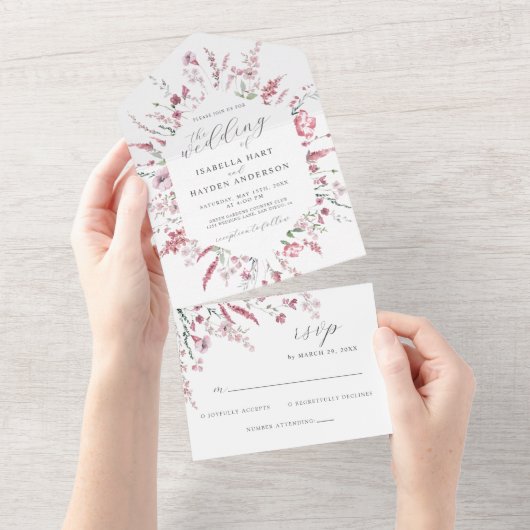 Dusty Rose Wild Blume Meadow Floral Wedding RSVP All In One Einladung (Abreißen)