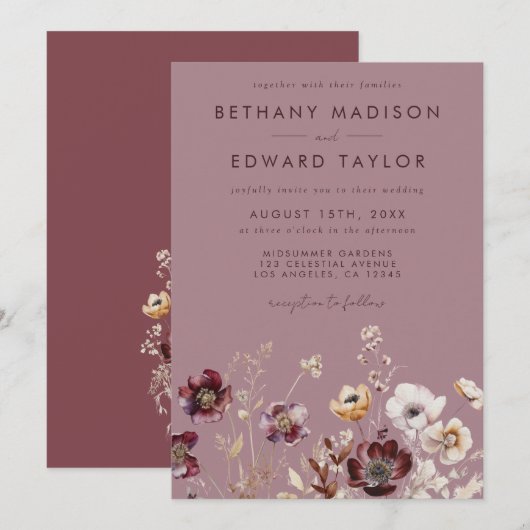 Dusty Rose Wildblume Wedding Einladung (Vorne/Hinten)