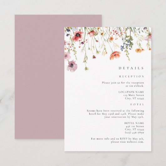 Dusty Rose Wildflower Wedding Details Begleitkarte (Vorne/Hinten)