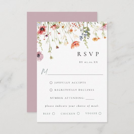 Dusty Rose Wildflower Wedding Meal Choice RSVP (Vorne/Hinten)
