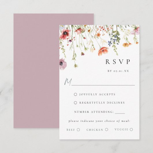 Dusty Rose Wildflower Wedding Meal Choice RSVP Karte (Vorne/Hinten)