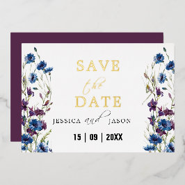 Dusty Royal Blue Lila Bloom Floral Save the Date Folieneinladung