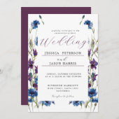 Dusty Royal Blue Lila Bloom Floral Wedding Invit Einladung (Vorne/Hinten)