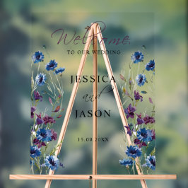 Dusty Royal Blue Lila Bloom Wedding Willkommen Acrylschild