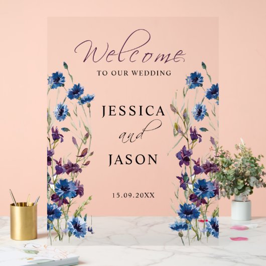 Dusty Royal Blue Lila Bloom Wedding Willkommen Acrylschild (Hochzeit)