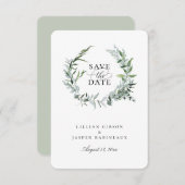 Dusty Sage Botanischer Kranz Save the Date Ankündigung (Vorne/Hinten)