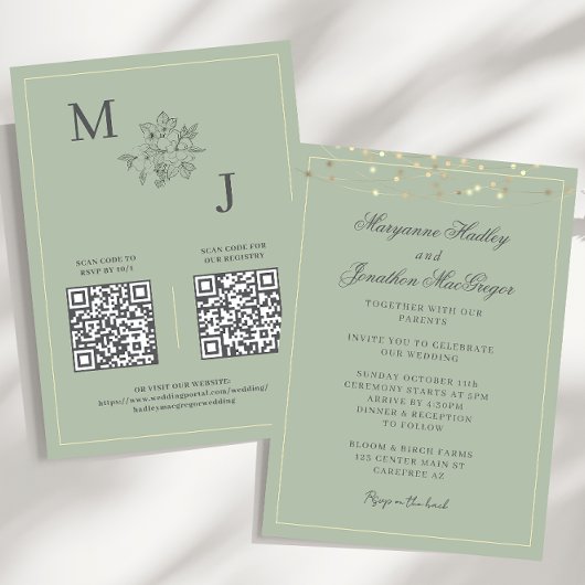 Dusty Sage Elegant QR Code Hochzeit Einladung