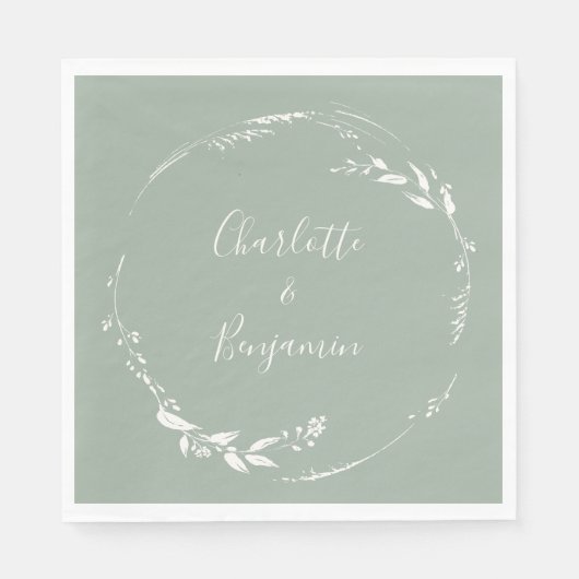 Dusty Sage Floral Wreath Calligraphy Mit Monogramm Serviette (Vorderseite)