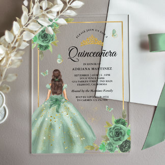 Dusty Sage Green Floral Butterfly Quinceanera Acryleinladungen