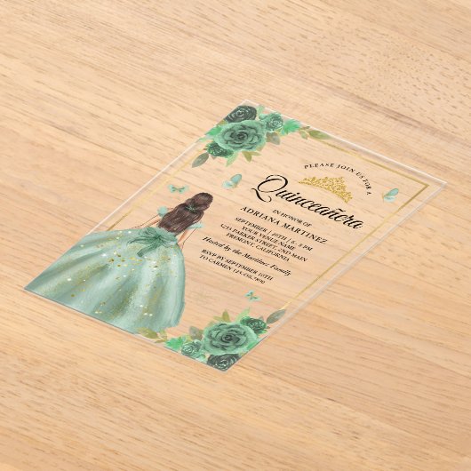 Dusty Sage Green Floral Butterfly Quinceanera Acryleinladungen (Ablage )