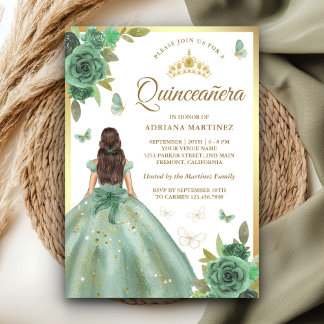 Dusty Sage Green Floral Butterfly Quinceanera Einladung