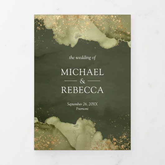 Dusty Sage Green Gold Abstrakte Tinte QR Code Hoch Dreifach Gefaltete Einladung (Cover)