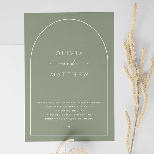 Dusty Sage Green Minimalistisch Arch Wedding. Foto Einladung