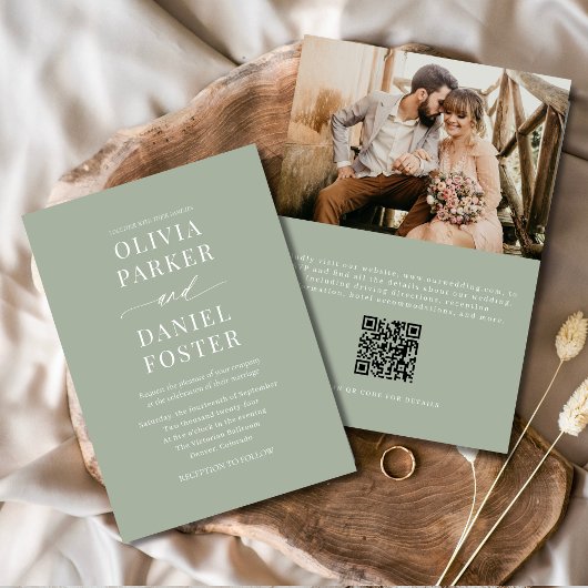 Dusty Sage Green QR Code Foto Hochzeit Einladung