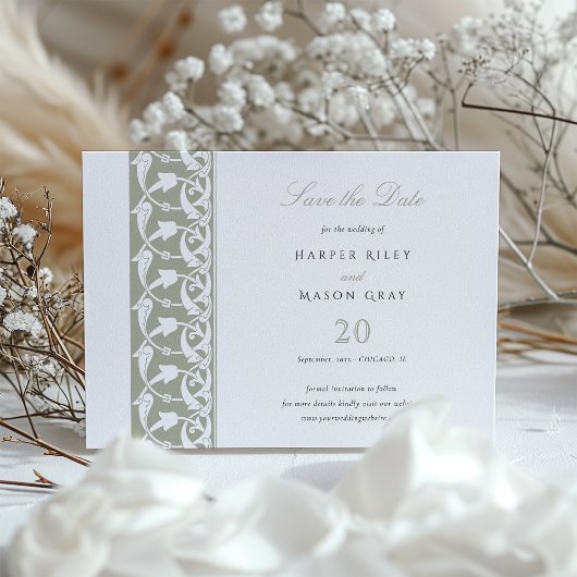 Dusty Sage Green Save the Date Rabbit Scrollwork Einladung