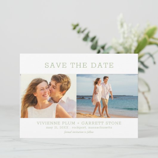 Dusty Sage Green Text Drei Foto Hochzeit Save The Date (Stehend Vorderseite)