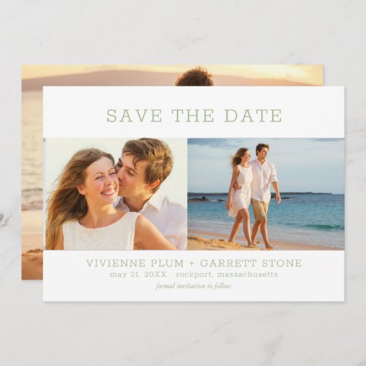 Dusty Sage Green Text Drei Foto Hochzeit Save The Date (Vorne/Hinten)