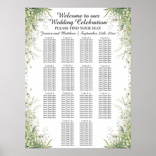 Dusty Sage Green Wedding 14 Tische Hochzeitssitze Poster (Vorne)