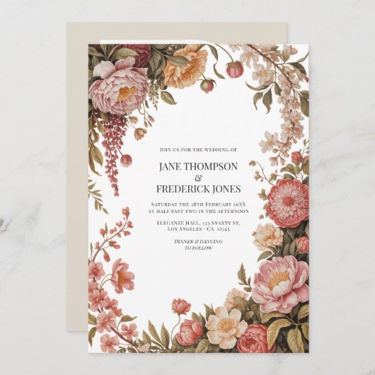 Dusty Sage, Soft Peach & Warm Sand Floral Wedding Einladung (Vorne/Hinten)