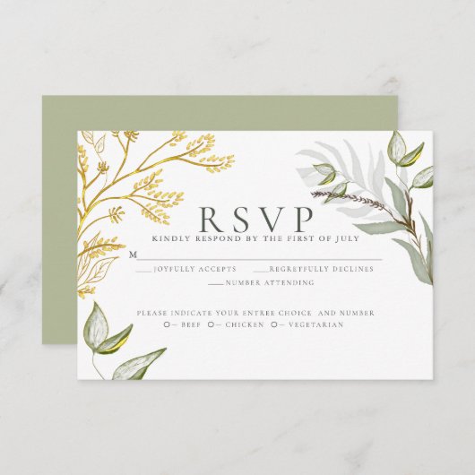Dusty Sage und Gold Foliage RSVP Karte (Vorne/Hinten)