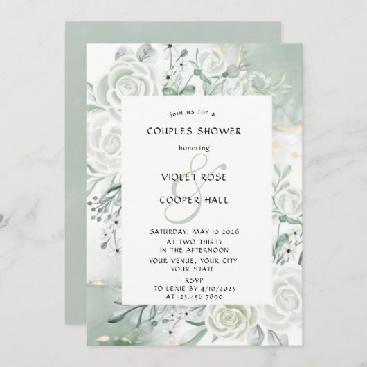 Dusty Sage Wasserfarbe Blumenpaare Dusche Einladung (Vorne/Hinten)