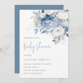 Dusty Sky Blue & White Blume Babydusche Einladung (Vorne/Hinten)