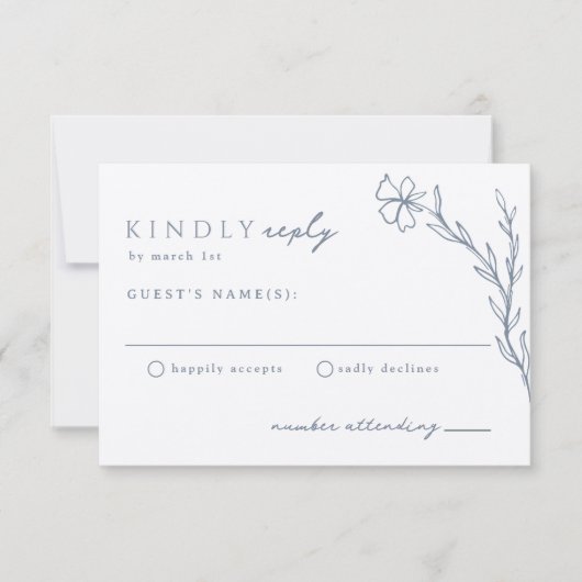 Dusty Steel Blue Modern Stenciled Botanical RSVP Karte (Vorderseite)